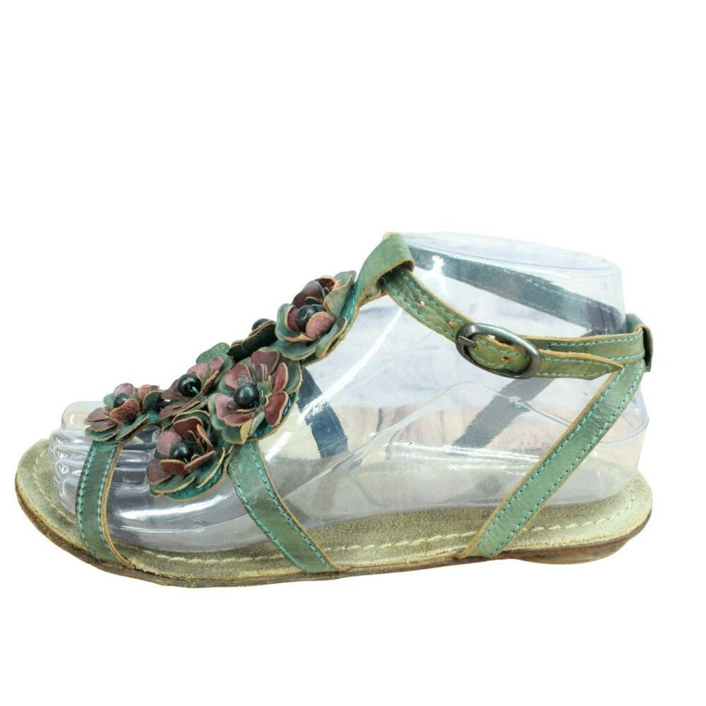 Miss Albright Green Leather Strappy Floral Slingback Flat Sandals Size 37 US 7